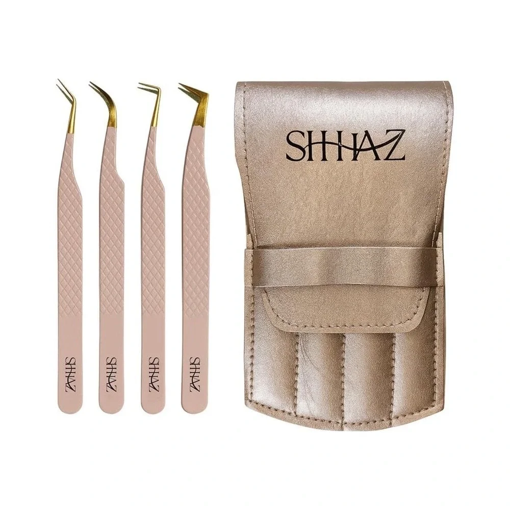 Shhhaz Professional Eyelash Extension Tweezers Set 4pc Fiber Tip Volume Lash NIB